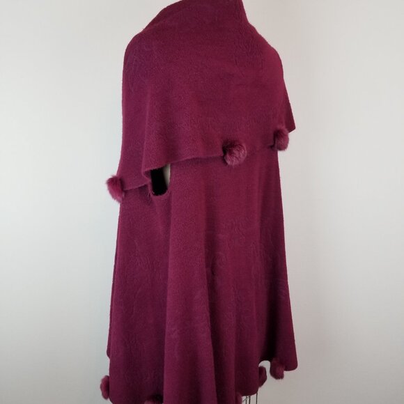 Vintage Wine Burgundy Knit Long Vest with Dramatic Collar & Rabbit Fur Pom Poms - Picture 9 of 11